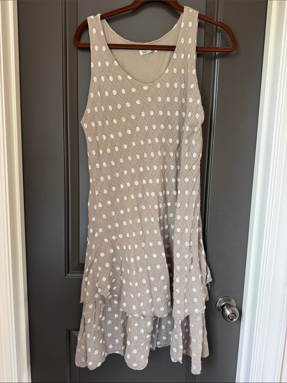 Sleeveless Taupe Polka Dot Tiered Dress Size M